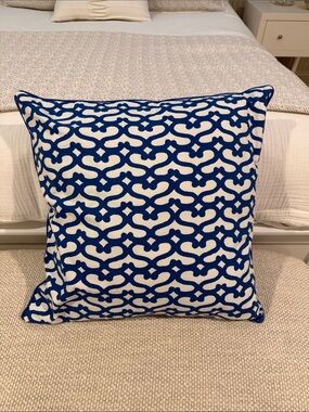 Roller Rabbit Blue and White Geometric Lattice Throw Pillow